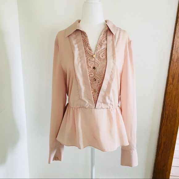 Elle Brand Cinched Waist Beige Blouse Crochet Lace - Picture 2 of 8